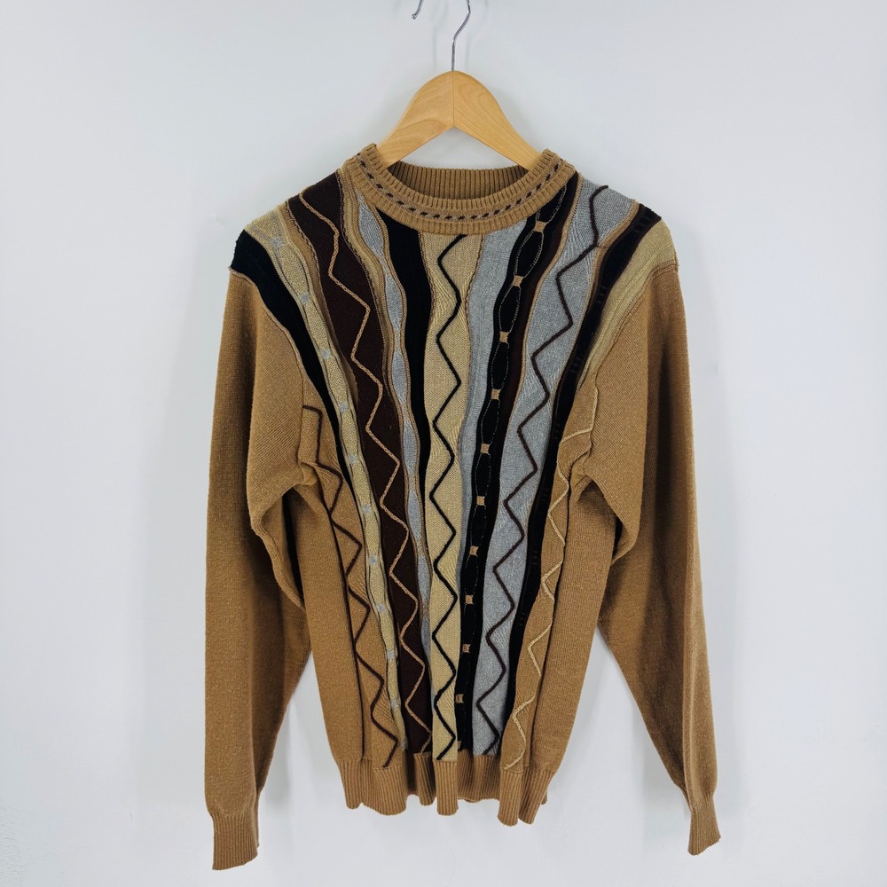 GIORGIO BERTTYNARI Men's Abstract Stripe 3D Knit‎ Sweater Size L Grandpa Neutral
